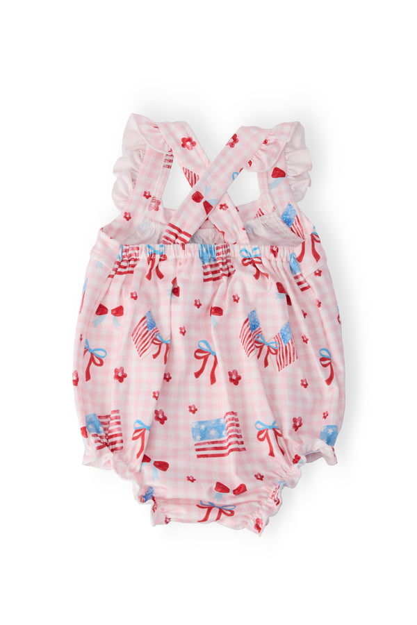 Baby girl pink romper ruffle cross back with American flag and bow print