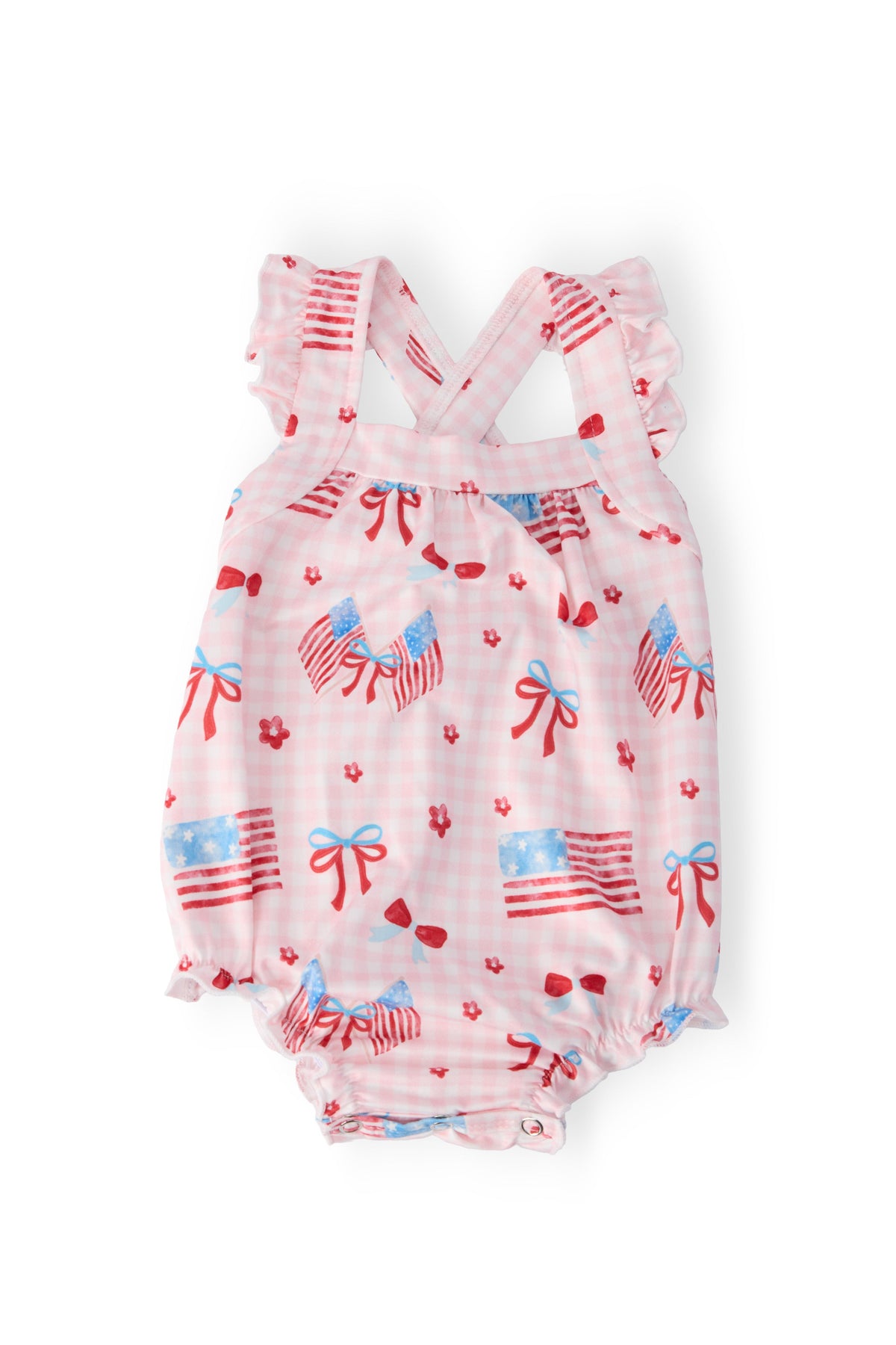 baby romper ruffle with red white and blue American flag print and cross back straps