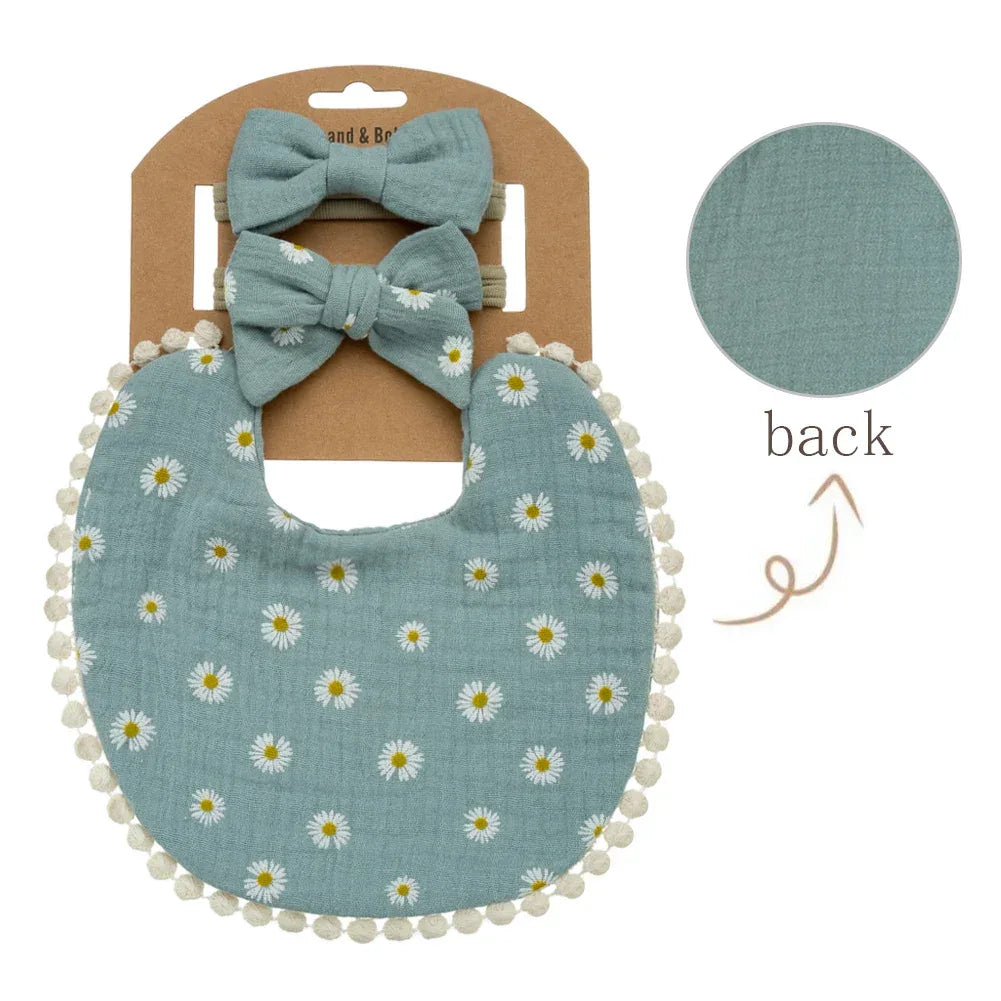 blue baby flower bib and headband set with white daisies for infants