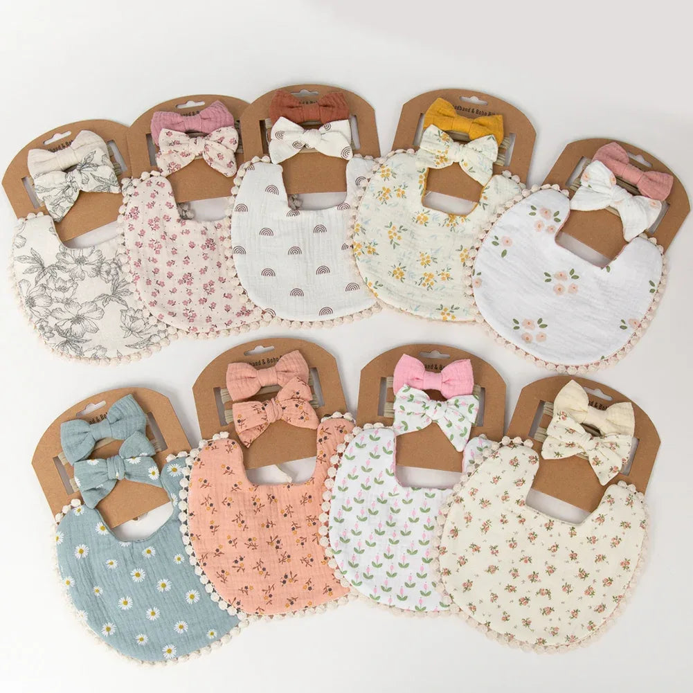 set of colorful baby flower bib and headband set with floral patterns for infants