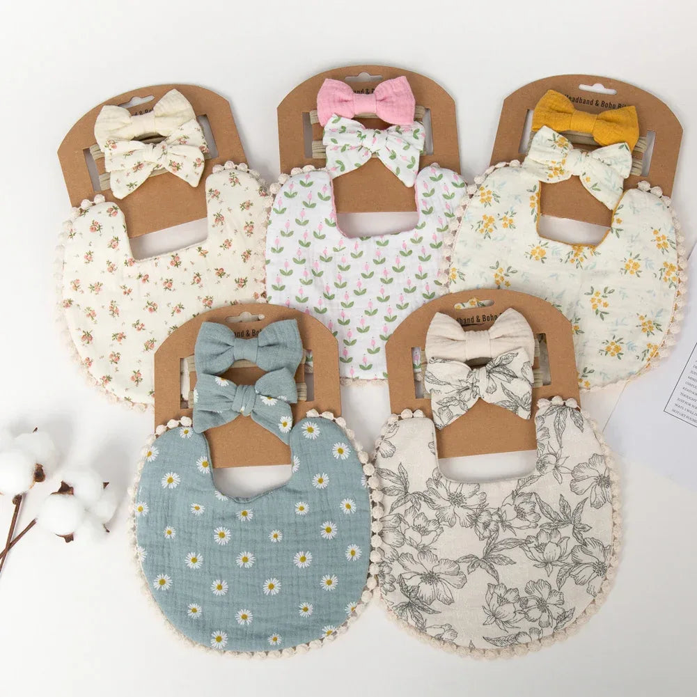 Five baby flower bib and headband set in pastel colors for infants, floral patterns on bibs with matching bows