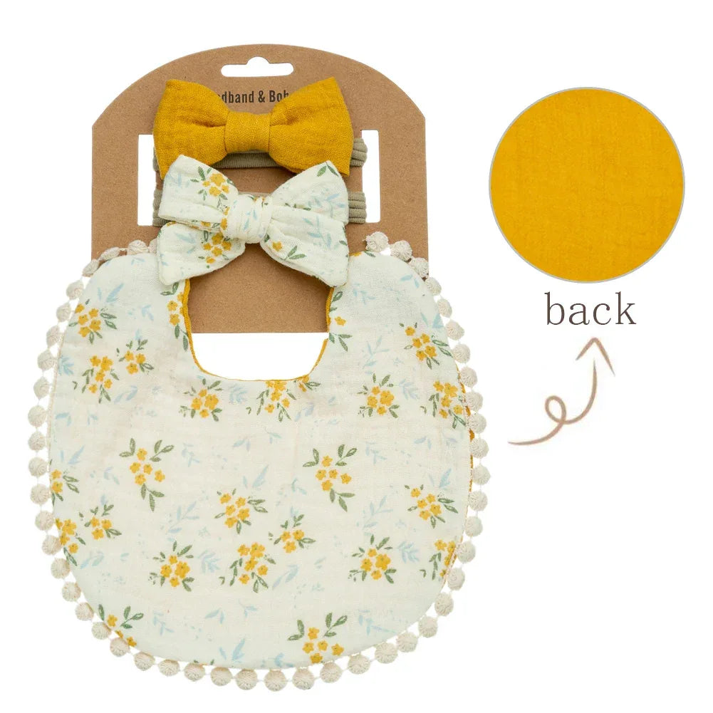 baby flower bib and headband set with yellow floral print and mustard bow for infants