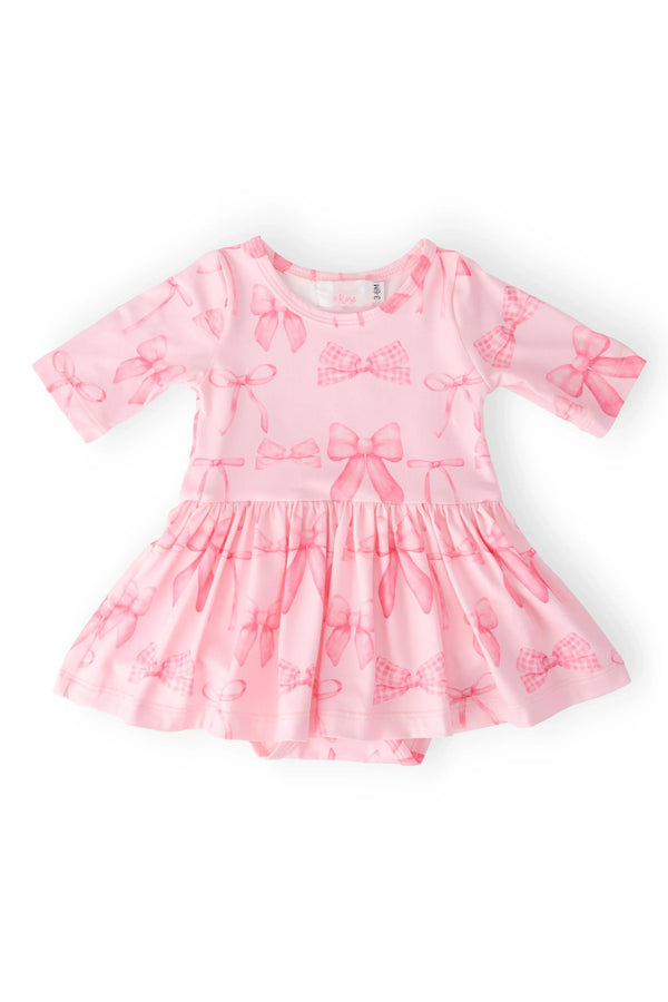 Pink 3/4 sleeve twirl bodysuit for baby girl with bow pattern baby girl bow dress
