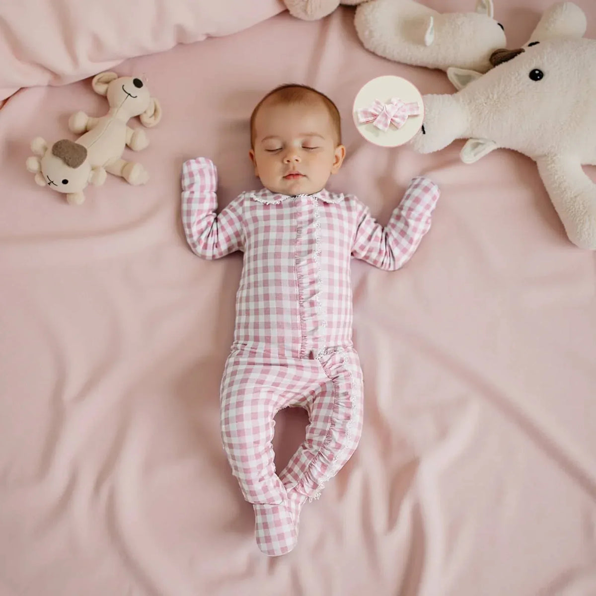 Baby Girl Footie Set with Frills - Pink Gingham - The Palm Beach Baby