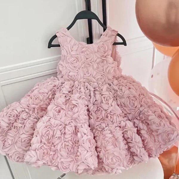 pink baby girl party dress with 3D floral rosette design, sleeveless, toddler size
