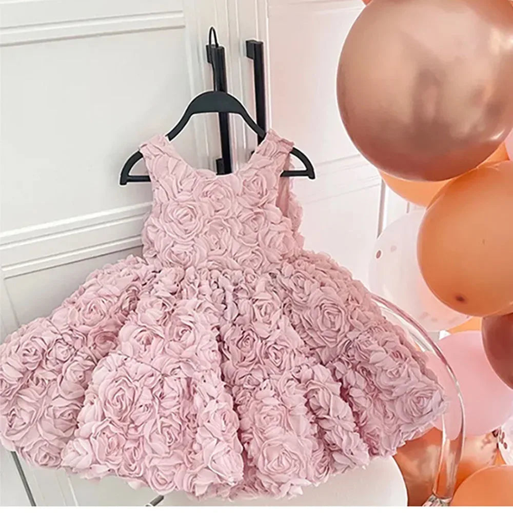 Pink baby girl party dress with 3D rose pattern for infants and toddlers