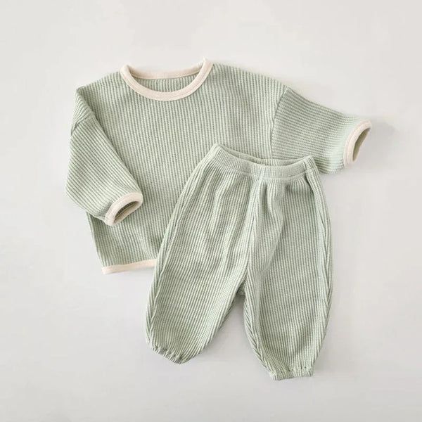 mint green ribbed warm up outfit for babies with long sleeve top and elastic waist pants
