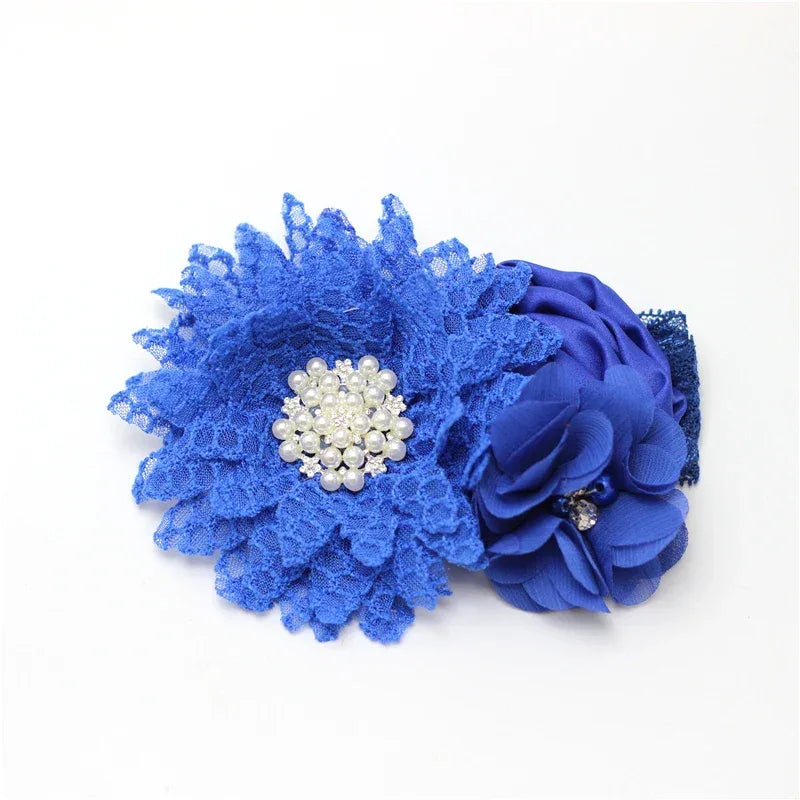 Blue baby hair accessories with lace flower and pearl center for infants and toddlers