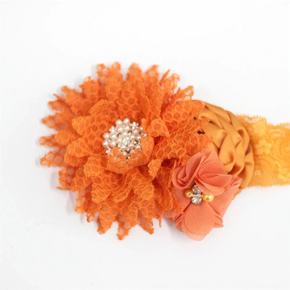 Orange baby hair accessories headband with lace flower and pearl detail for infants
