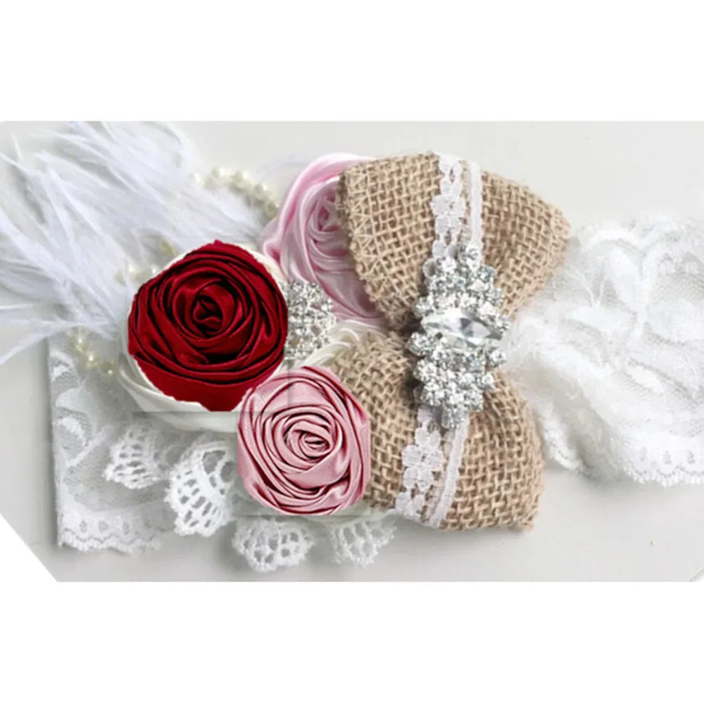 baby girls white lace headpieces with red and pink fabric roses and burlap bow with rhinestone detail