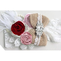 baby girls white lace headpieces with red and pink fabric roses and burlap bow with rhinestone detail