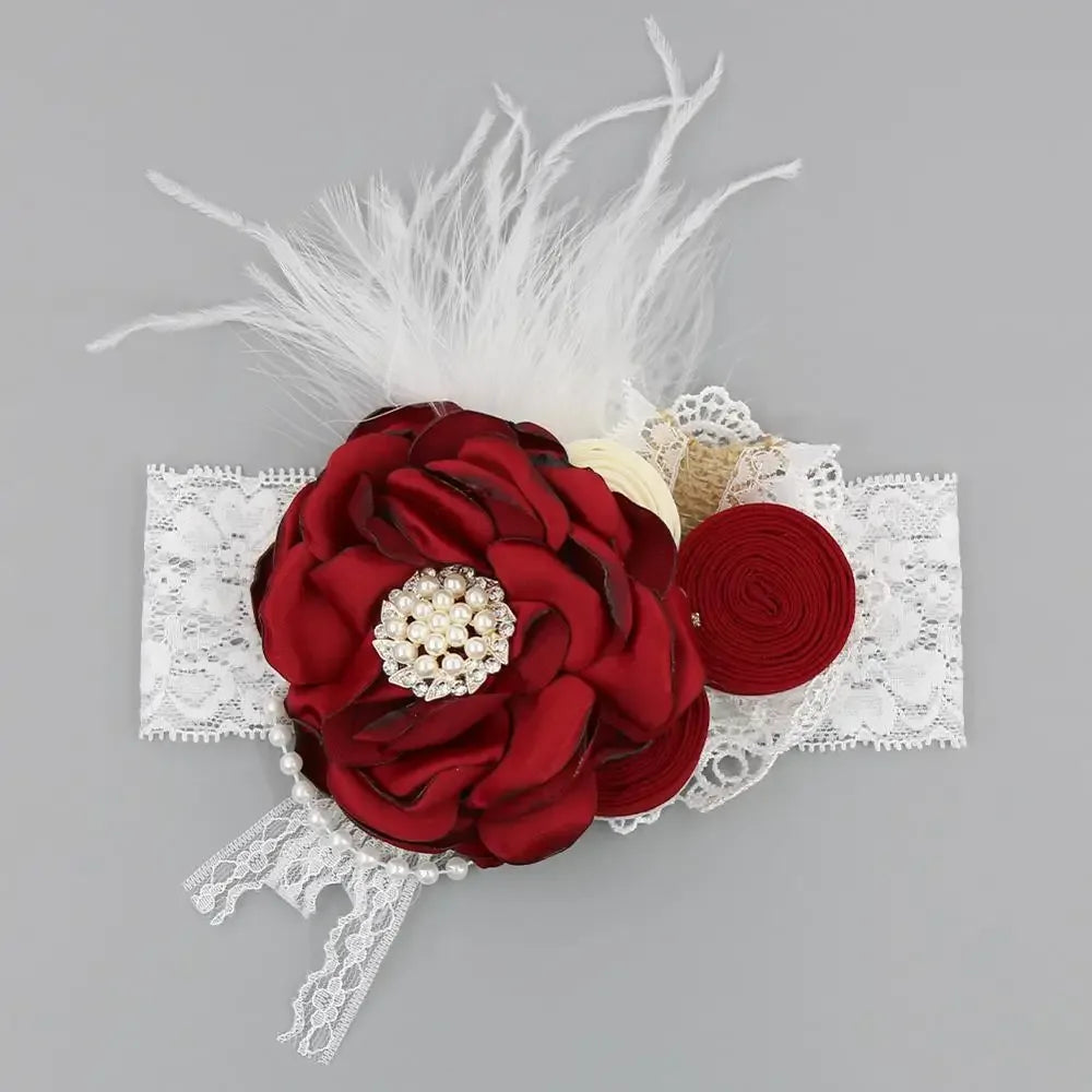 baby white lace headband with red fabric flower and pearl detail headpieces