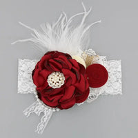 baby white lace headband with red fabric flower and pearl detail headpieces
