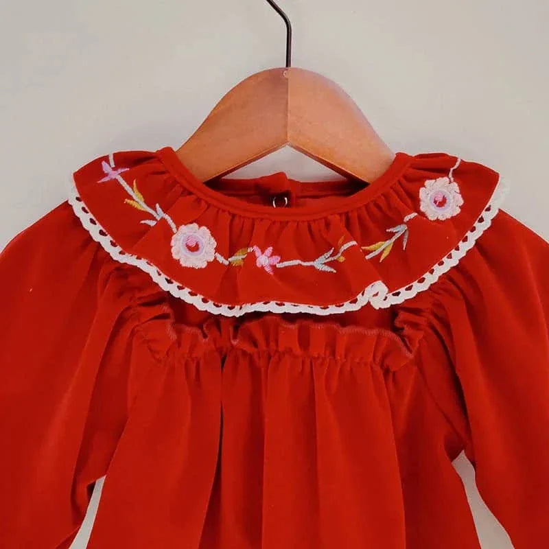 Eidelweis Baby Red Velvet Outfit with Embroidered Collar - The Palm Beach Baby