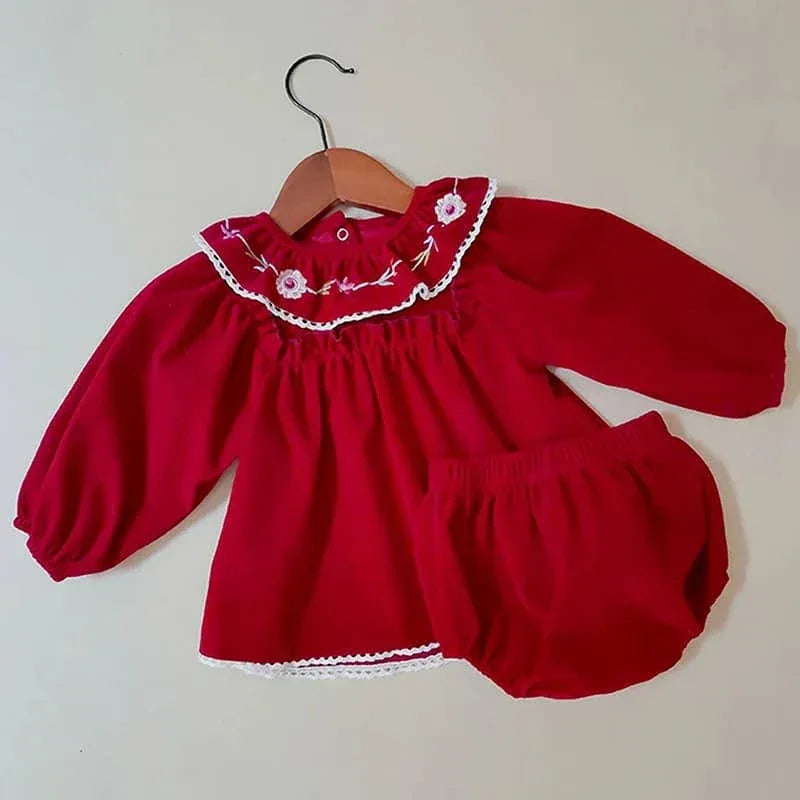 Eidelweis Baby Red Velvet Outfit with Embroidered Collar - The Palm Beach Baby