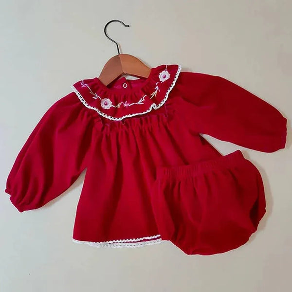 Eidelweis Baby Red Velvet Outfit with Embroidered Collar - The Palm Beach Baby