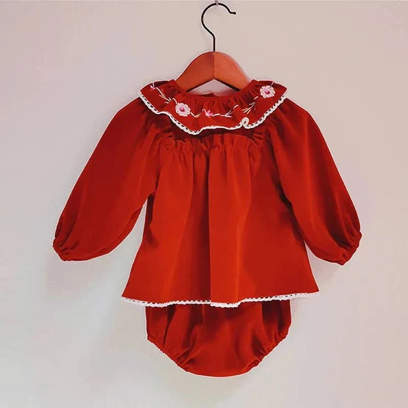 Eidelweis Baby Red Velvet Outfit with Embroidered Collar - The Palm Beach Baby