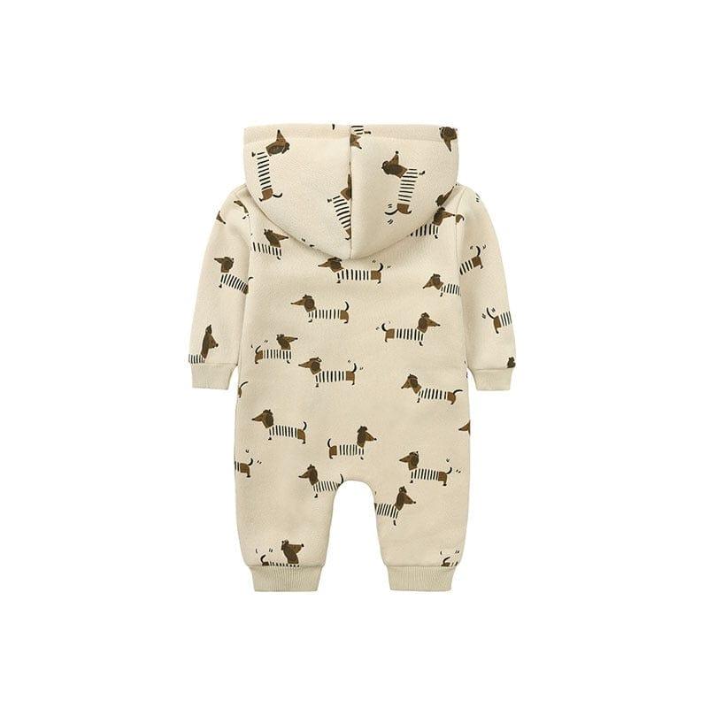 baby beige hooded romper with brown dachshund dog print and long sleeves