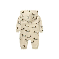 baby beige hooded romper with brown dachshund dog print and long sleeves