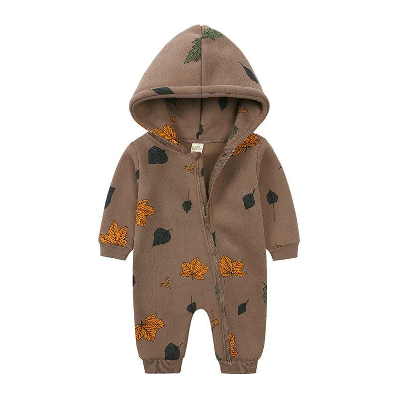 brown hooded baby romper with autumn leaf print, long sleeve and full zipper