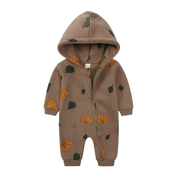 brown hooded baby romper with autumn leaf print, long sleeve and full zipper