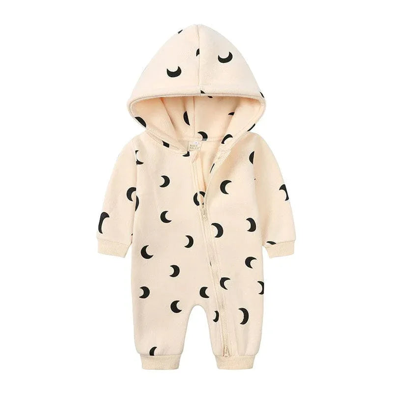 baby cream hooded romper with black crescent moon print and long sleeves