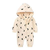 baby cream hooded romper with black crescent moon print and long sleeves