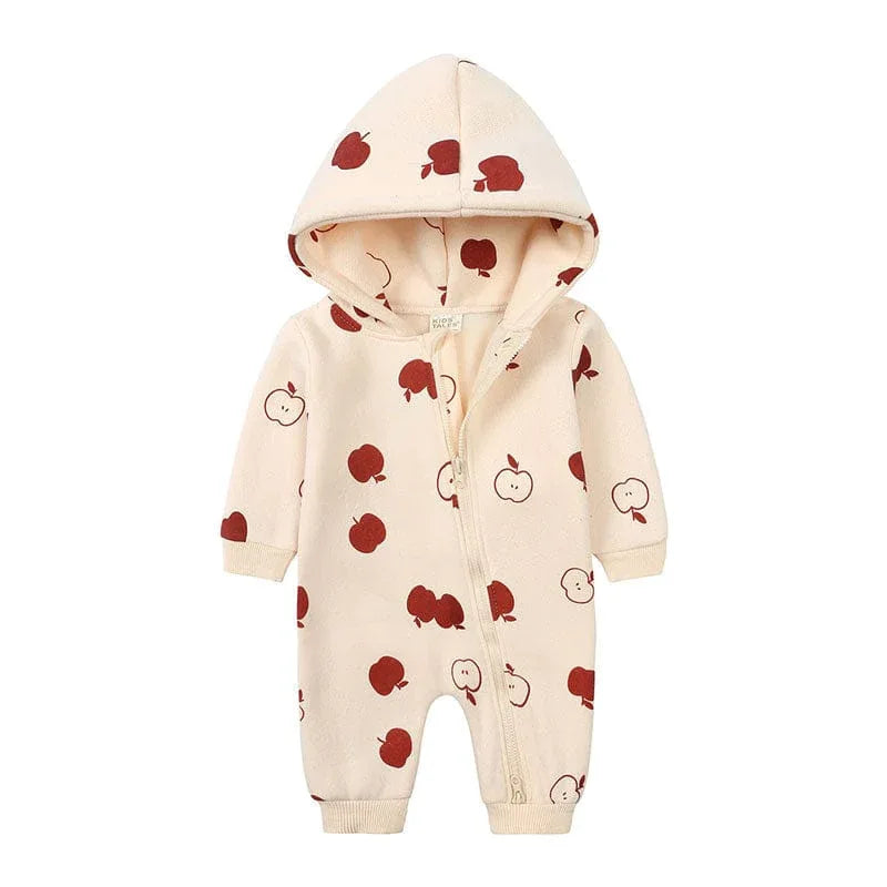 baby cream hooded jumpsuit with red apple print and front zipper for infants