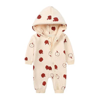 baby cream hooded jumpsuit with red apple print and front zipper for infants