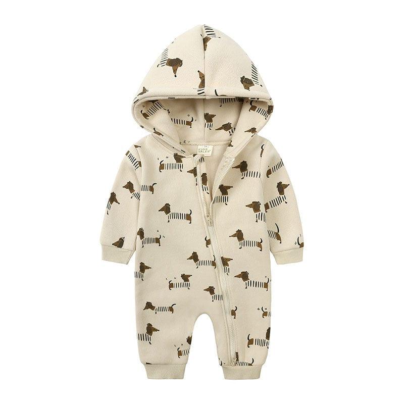 cream baby hooded romper with brown and black dachshund dog print, long sleeve