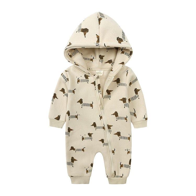 baby beige hooded romper with brown dachshund dog print and front zipper