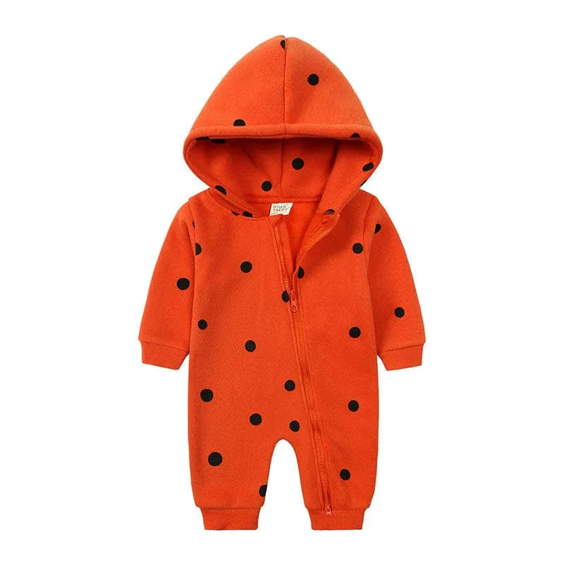 baby orange hooded romper with black polka dots, long sleeve and zipper closure