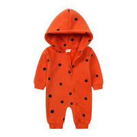 baby orange hooded romper with black polka dots, long sleeve and zipper closure