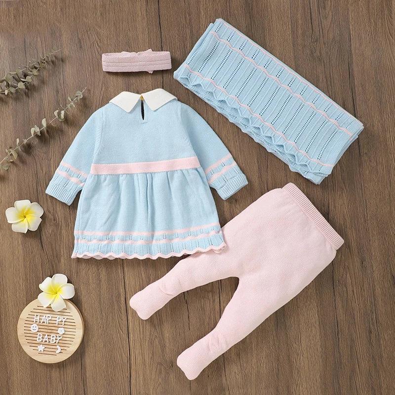 baby knit dress in blue with pink accents, matching pink pants and blue knit blanket for infants