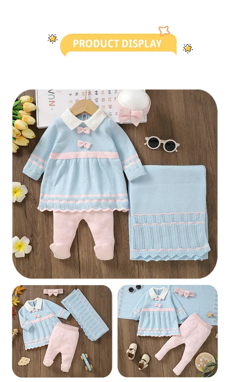 Baby blue and pink knit dress set for newborns with matching knit baby blanket and pants