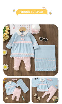 Baby blue and pink knit dress set for newborns with matching knit baby blanket and pants