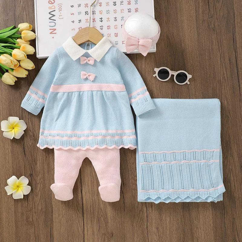 Blue and pink knit dress for baby girl with matching knit blanket and pink bow headband