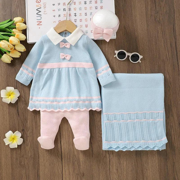 Blue and pink knit dress for baby girl with matching knit blanket and pink bow headband