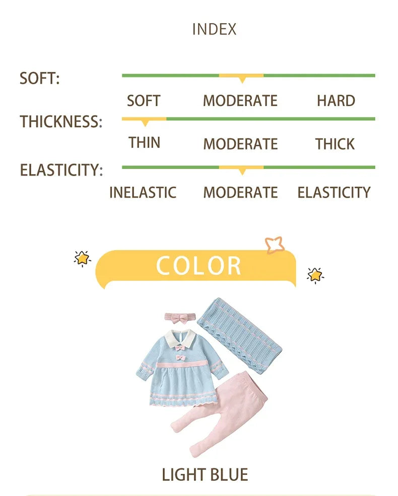Light blue baby knit dress set with matching baby blanket and pink pants for infants