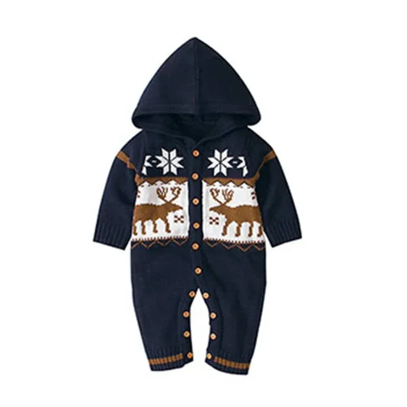 Baby Knit Hoodie Romper with Reindeer Holiday Design - The Palm Beach Baby