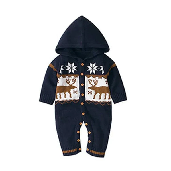 Baby Knit Hoodie Romper with Reindeer Holiday Design - The Palm Beach Baby