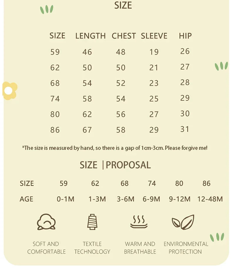 Size chart for baby knit romper with flower design showing measurements for length chest sleeve and hip for ages 0 to 48 months
