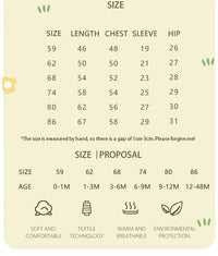 Size chart for baby knit romper with flower design showing measurements for length chest sleeve and hip for ages 0 to 48 months