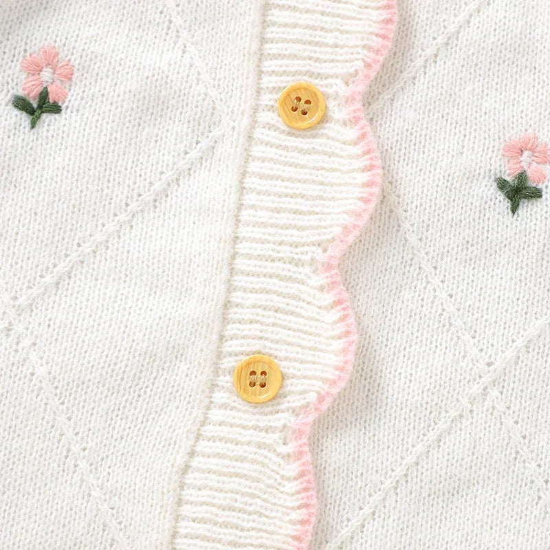 White baby knit romper with flower design featuring pink embroidered flowers and wooden buttons made of soft knit material