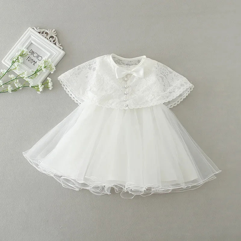 white baby lace special occasion dress with pearl buttons and bow for infants