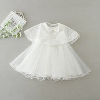white baby lace special occasion dress with pearl buttons and bow for infants
