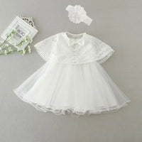 White baby lace special occasion dress with pearl buttons and matching headband for infants