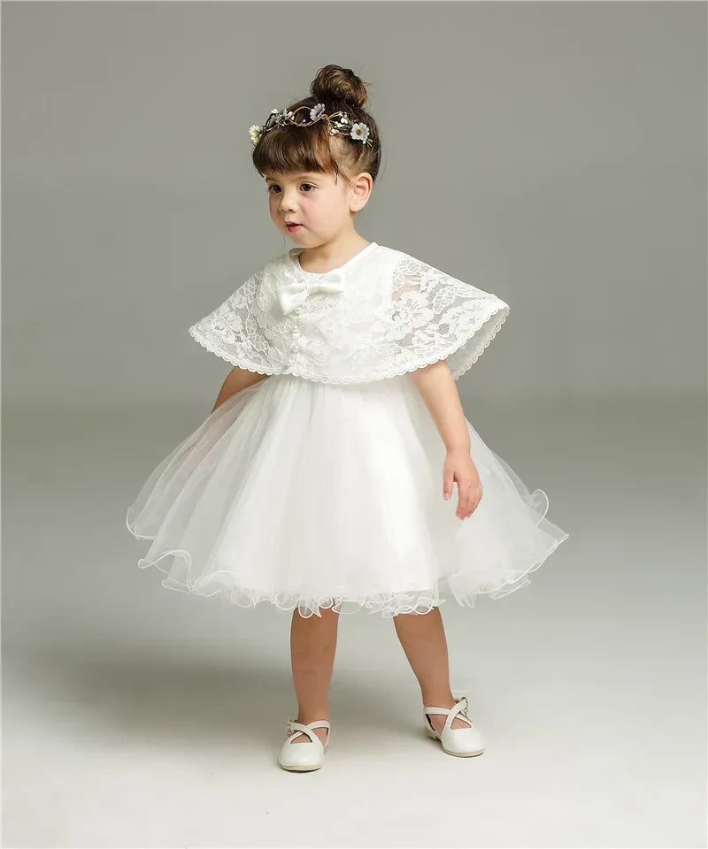 White baby lace special occasion dress with capelet detail for toddler girls