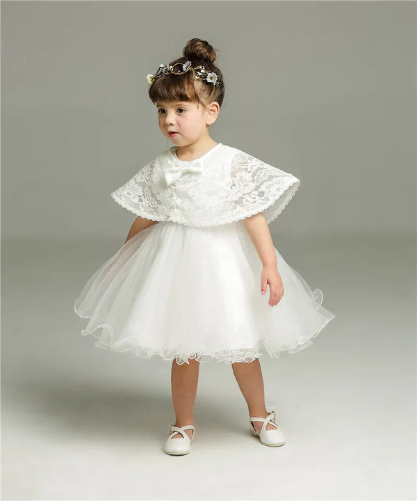 White baby lace special occasion dress with capelet detail for toddler girls