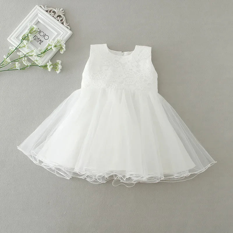 white baby lace special occasion dress for infants with sleeveless lace bodice and tulle skirt